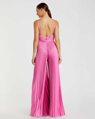 Jumpsuits & Rompers | Women Mac Duggal Pink Pleated Plunge Neck Wide Leg Jumpsuit Pink