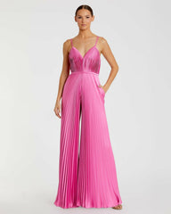 Jumpsuits & Rompers | Women Mac Duggal Pink Pleated Plunge Neck Wide Leg Jumpsuit Pink