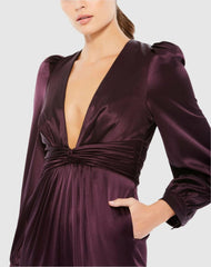 Jumpsuits & Rompers | Women Mac Duggal Purple Front Twist Puff Sleeve Deep V Jumpsuit Plum