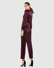 Jumpsuits & Rompers | Women Mac Duggal Purple Front Twist Puff Sleeve Deep V Jumpsuit Plum