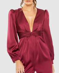 Jumpsuits & Rompers | Women Mac Duggal Red Front Twist Puff Sleeve Deep V Jumpsuit Ruby