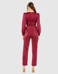 Jumpsuits & Rompers | Women Mac Duggal Red Front Twist Puff Sleeve Deep V Jumpsuit Ruby