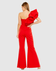 Jumpsuits & Rompers | Women Mac Duggal Red One Shoulder Ruffle Detail Flare Pant Jumpsuit Red