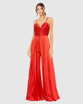 Jumpsuits & Rompers | Women Mac Duggal Red Pleated Plunge Neck Wide Leg Jumpsuit Red