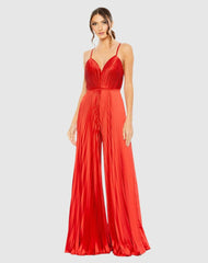 Jumpsuits & Rompers | Women Mac Duggal Red Pleated Plunge Neck Wide Leg Jumpsuit Red