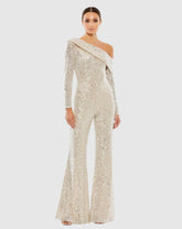 Jumpsuits & Rompers | Women Mac Duggal Sequined Drop Shoulder Long Sleeve Jumpsuit Nude Silver