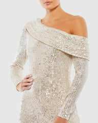 Jumpsuits & Rompers | Women Mac Duggal Sequined Drop Shoulder Long Sleeve Jumpsuit Nude Silver