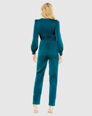 Jumpsuits & Rompers | Women Mac Duggal Teal Front Twist Puff Sleeve Deep V Jumpsuit Deep Green