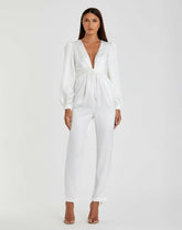 Jumpsuits & Rompers | Women Mac Duggal White Front Twist Puff Sleeve Deep V Jumpsuit White