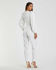 Jumpsuits & Rompers | Women Mac Duggal White Front Twist Puff Sleeve Deep V Jumpsuit White