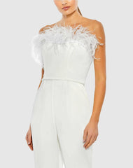 Jumpsuits & Rompers | Women Mac Duggal White Strapless Jumpsuit With Feather Trim White