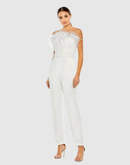 Jumpsuits & Rompers | Women Mac Duggal White Strapless Jumpsuit With Feather Trim White