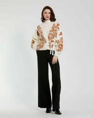 Knitwear | Women Mac Duggal Cropped Knit Cardigan With Floral Details Ecru