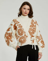 Knitwear | Women Mac Duggal Cropped Knit Cardigan With Floral Details Ecru