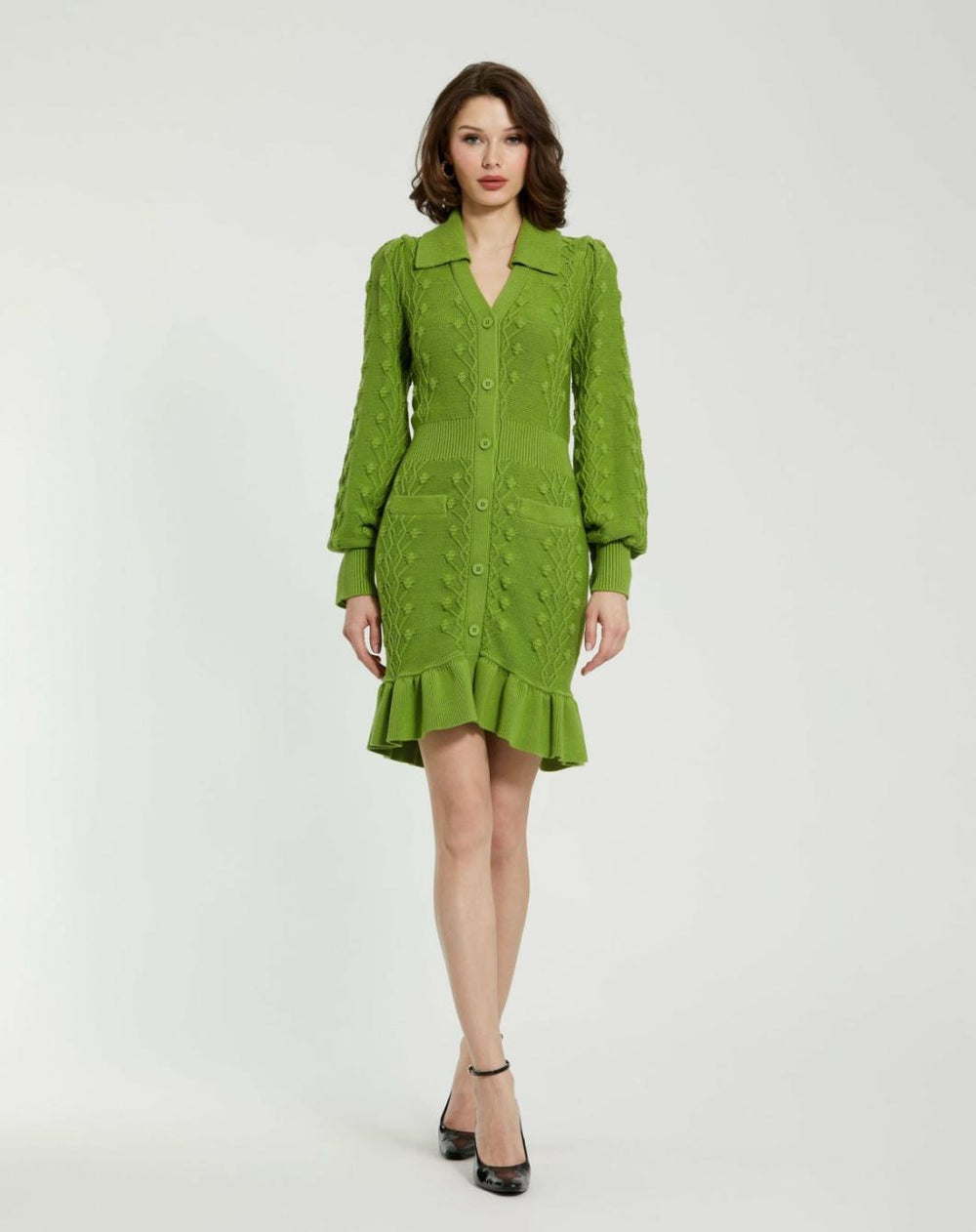 Knitwear | Women Mac Duggal Long Sleeve Button Up Collared Bobble Knit Sweater Dress Pear