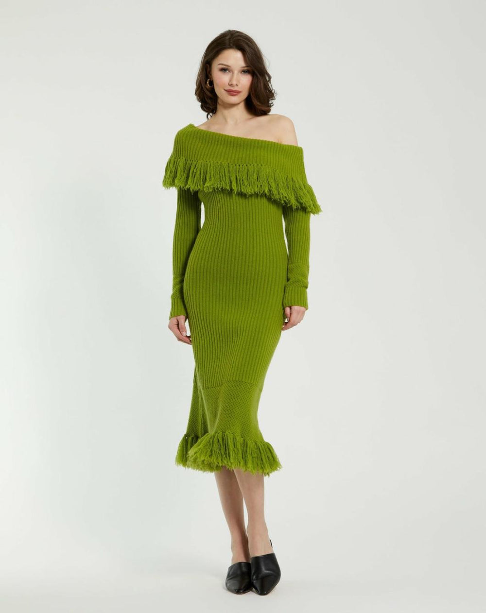Knitwear | Women Mac Duggal Off The Shoulder Fringe Long Sleeve Knit Dress Pear