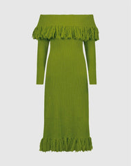 Knitwear | Women Mac Duggal Off The Shoulder Fringe Long Sleeve Knit Dress Pear