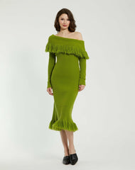 Knitwear | Women Mac Duggal Off The Shoulder Fringe Long Sleeve Knit Dress Pear