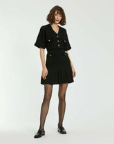 Knitwear | Women Mac Duggal Short Sleeve Gold Button Front Crochet Knit Dress With Pleated Hem - F Black