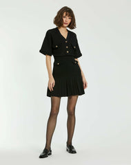 Knitwear | Women Mac Duggal Short Sleeve Gold Button Front Crochet Knit Dress With Pleated Hem - F Black