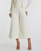 Pants | Women Mac Duggal Ivory Tweed High Waisted Wide Leg Sailor Pant With Gold Buttons - FINA Cream