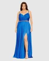 Plus Size Dresses | Women Mac Duggal Beaded Belt Faux Wrap A Line Gown (Plus) Cobalt