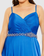 Plus Size Dresses | Women Mac Duggal Beaded Belt Faux Wrap A Line Gown (Plus) Cobalt