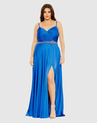Plus Size Dresses | Women Mac Duggal Beaded Belt Faux Wrap A Line Gown (Plus) Cobalt