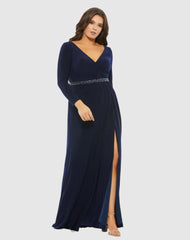 Plus Size Dresses | Women Mac Duggal Beaded Belt Jersey Faux Wrap Long Sleeve Gown Emerald
