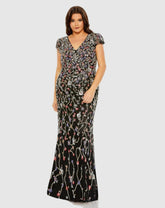 Plus Size Dresses | Women Mac Duggal Embellished Flutter Cap Sleeve V Neck Gown Black Multi