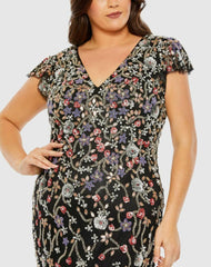 Plus Size Dresses | Women Mac Duggal Embellished Flutter Cap Sleeve V Neck Gown Black Multi