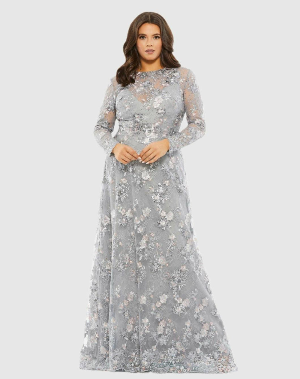 Plus Size Dresses | Women Mac Duggal Embellished Illusion Long Sleeve A Line Gown (Plus) - FINAL SALE Platinum