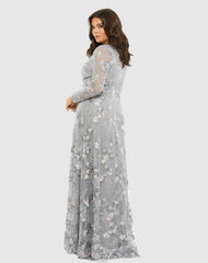 Plus Size Dresses | Women Mac Duggal Embellished Illusion Long Sleeve A Line Gown (Plus) - FINAL SALE Platinum