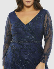 Plus Size Dresses | Women Mac Duggal Embellished Illusion Long Sleeve V-Neck A-Line Gown (Plus) Midnight