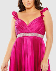 Plus Size Dresses | Women Mac Duggal Embellished Waist Flutter Sleeve Pleated Gown Magenta
