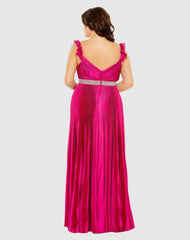 Plus Size Dresses | Women Mac Duggal Embellished Waist Flutter Sleeve Pleated Gown Magenta