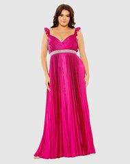 Plus Size Dresses | Women Mac Duggal Embellished Waist Flutter Sleeve Pleated Gown Magenta