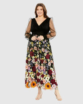 Plus Size Dresses | Women Mac Duggal Embroidered Puff Sleeve A Line Dress Black Multi