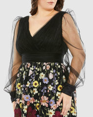 Plus Size Dresses | Women Mac Duggal Embroidered Puff Sleeve A Line Dress Black Multi