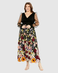 Plus Size Dresses | Women Mac Duggal Embroidered Puff Sleeve A Line Dress Black Multi