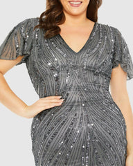 Plus Size Dresses | Women Mac Duggal Flutter Sleeve Embellished Dress Pewter