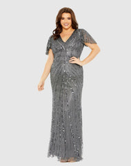 Plus Size Dresses | Women Mac Duggal Flutter Sleeve Embellished Dress Pewter