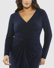 Plus Size Dresses | Women Mac Duggal Front Twist Long Sleeve V-Neck Gown (Plus) Midnight