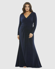 Plus Size Dresses | Women Mac Duggal Front Twist Long Sleeve V-Neck Gown (Plus) Midnight