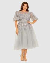 Plus Size Dresses | Women Mac Duggal Gray Puff Sleeve Glitter Embellished Dress Charcoal