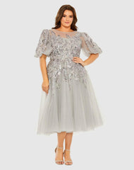 Plus Size Dresses | Women Mac Duggal Gray Puff Sleeve Glitter Embellished Dress Charcoal