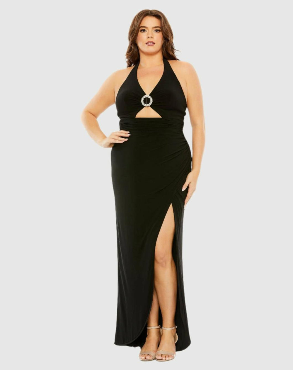 Plus Size Dresses | Women Mac Duggal Halter Tie Keyhole Detail Gown With Slit Black