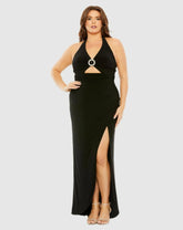 Plus Size Dresses | Women Mac Duggal Halter Tie Keyhole Detail Gown With Slit Black
