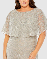 Plus Size Dresses | Women Mac Duggal High Neck Embellished Column Dress With Cape Plus Size Gown Platinum