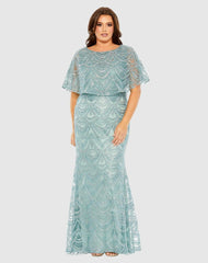 Plus Size Dresses | Women Mac Duggal High Neck Embellished Column Dress With Cape Plus Size Gown Platinum